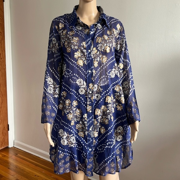 JULIET DUNN Navy Blue Floral Glitter Cotton Shirt Dress Tunic Size 2 SZ 6-8 - Picture 1 of 16